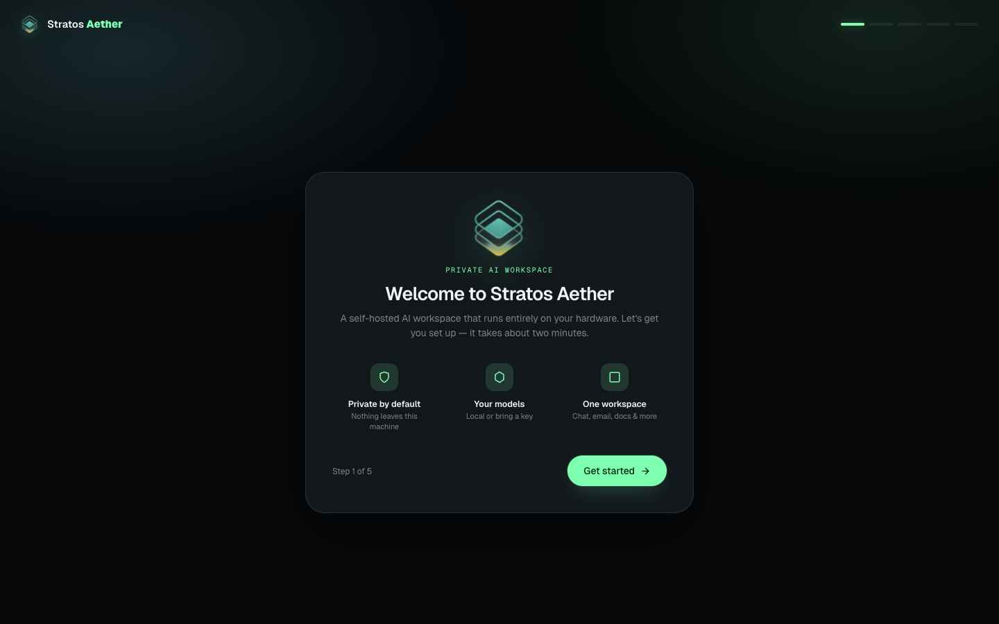 Stratos Aether first-run welcome